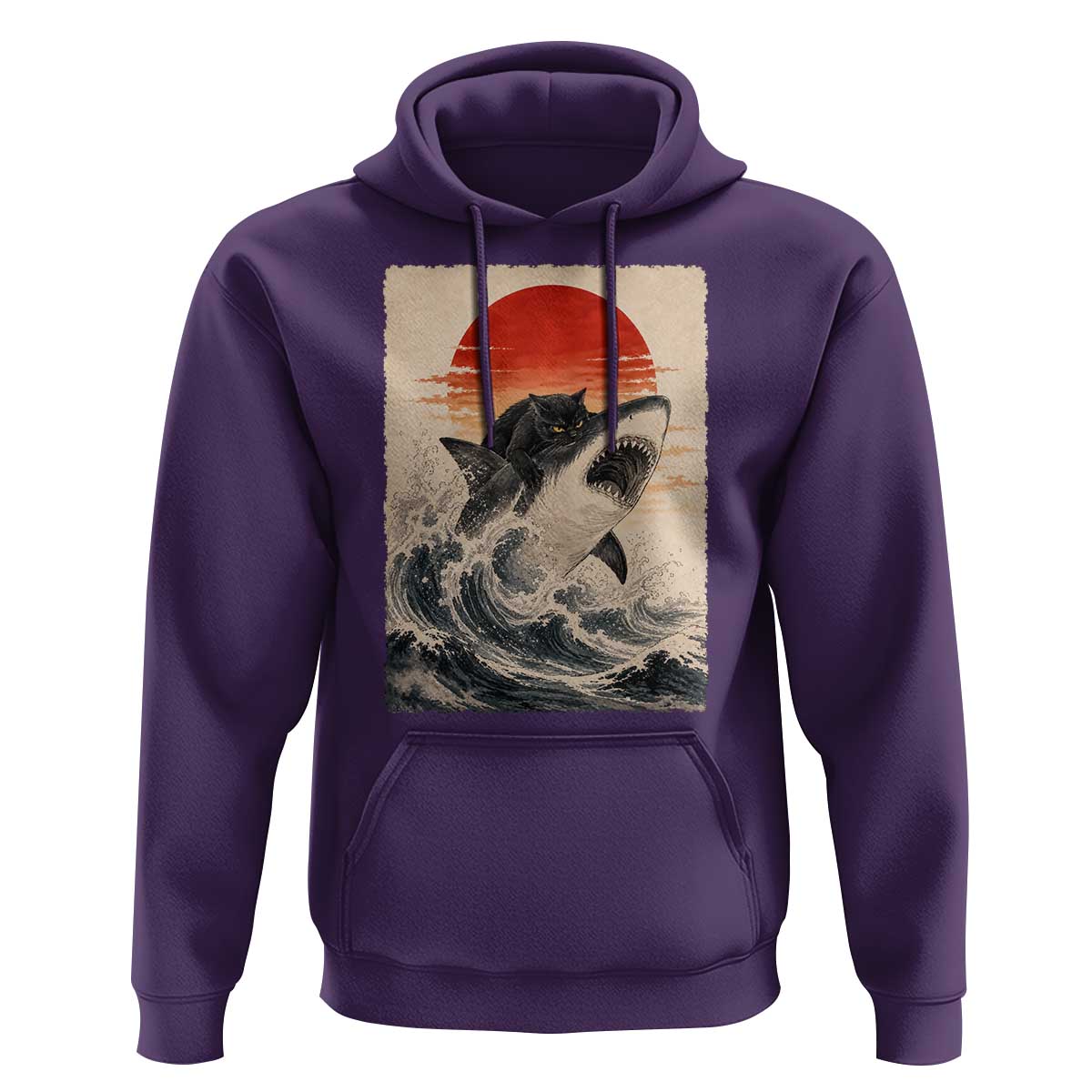Black Cat Hunting Shark Ukiyo e Ocean Art Hoodie Funny Japanese Style Graphic
