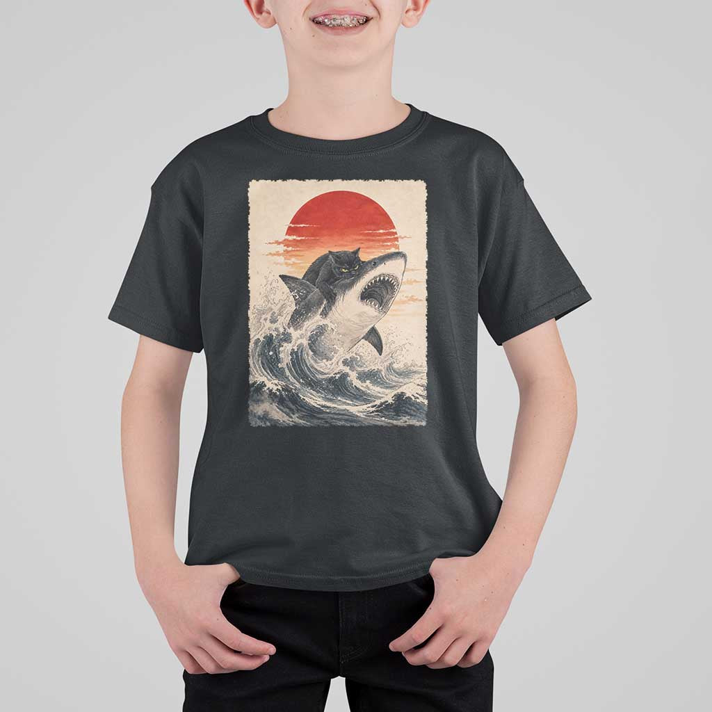 Black Cat Hunting Shark Ukiyo e Ocean Art T Shirt For Kid Funny Japanese Style Graphic