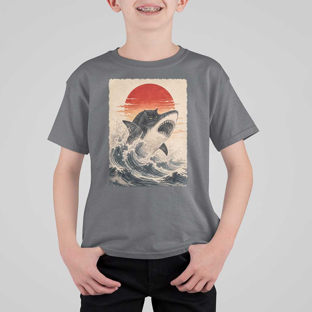 Black Cat Hunting Shark Ukiyo e Ocean Art T Shirt For Kid Funny Japanese Style Graphic