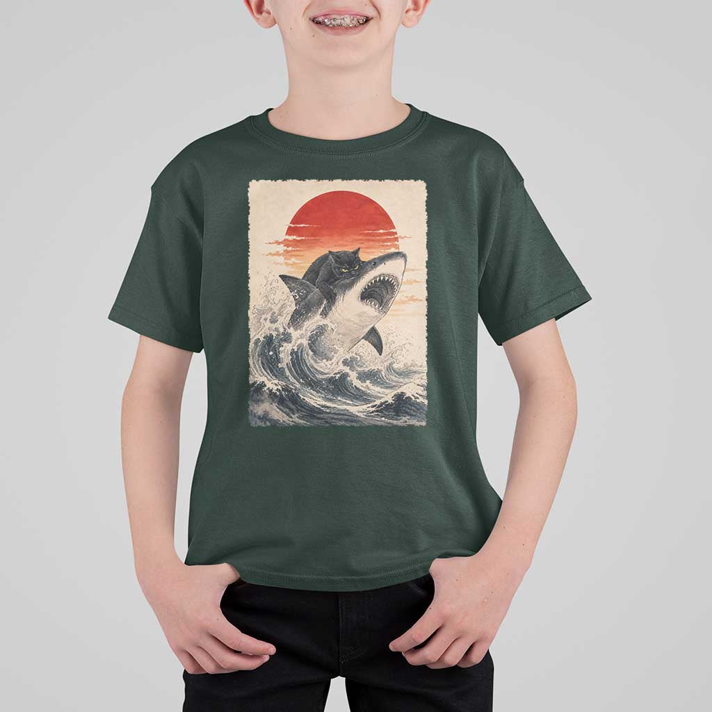 Black Cat Hunting Shark Ukiyo e Ocean Art T Shirt For Kid Funny Japanese Style Graphic