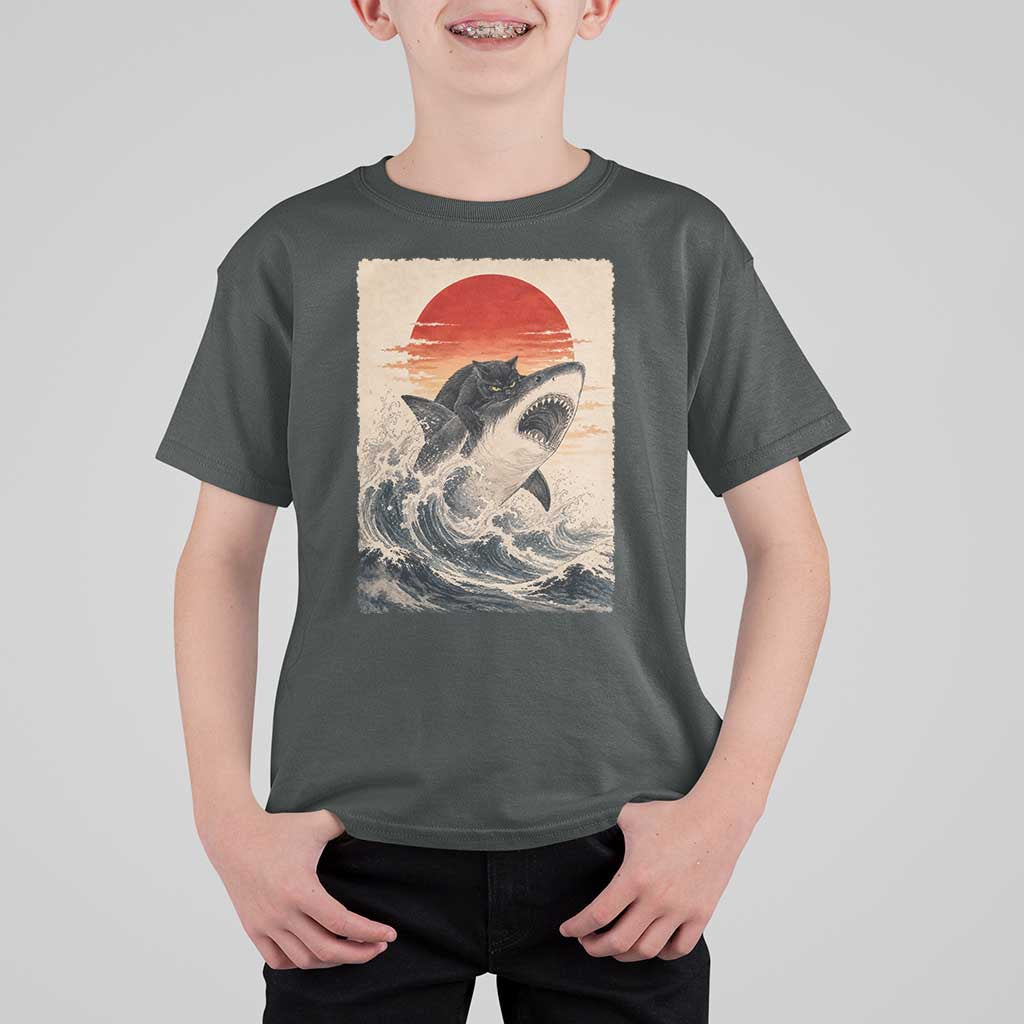 Black Cat Hunting Shark Ukiyo e Ocean Art T Shirt For Kid Funny Japanese Style Graphic