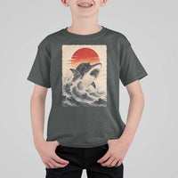 Black Cat Hunting Shark Ukiyo e Ocean Art T Shirt For Kid Funny Japanese Style Graphic
