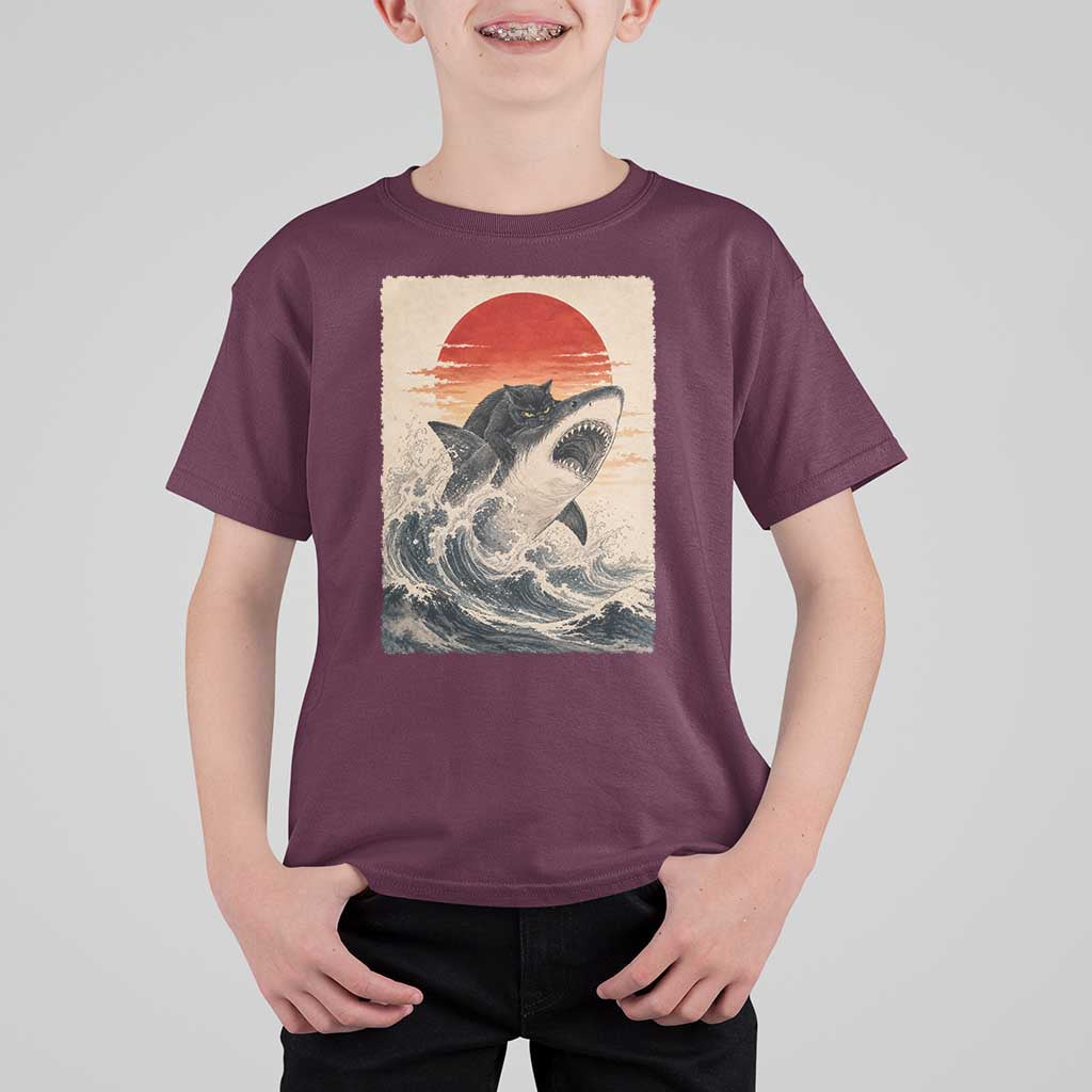 Black Cat Hunting Shark Ukiyo e Ocean Art T Shirt For Kid Funny Japanese Style Graphic