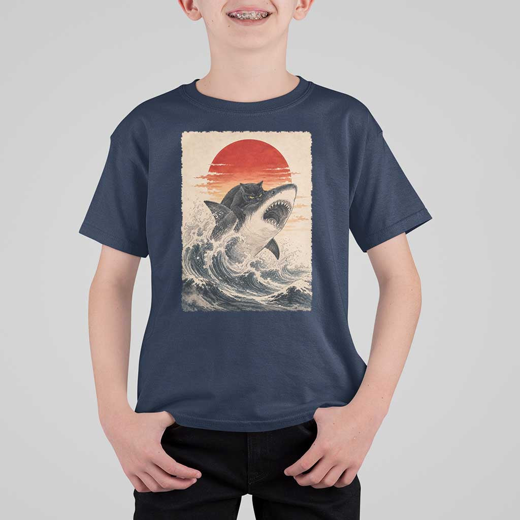 Black Cat Hunting Shark Ukiyo e Ocean Art T Shirt For Kid Funny Japanese Style Graphic