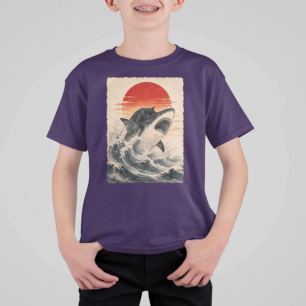 Black Cat Hunting Shark Ukiyo e Ocean Art T Shirt For Kid Funny Japanese Style Graphic