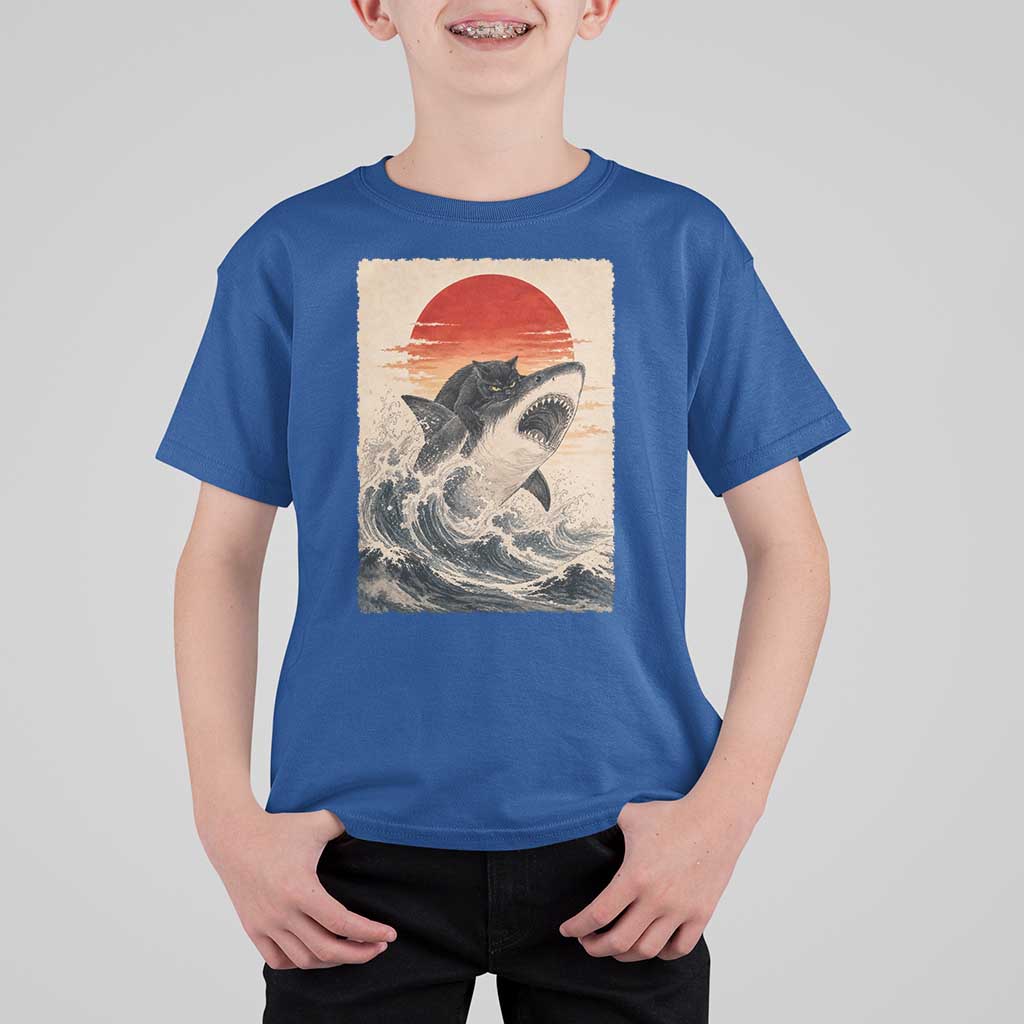 Black Cat Hunting Shark Ukiyo e Ocean Art T Shirt For Kid Funny Japanese Style Graphic