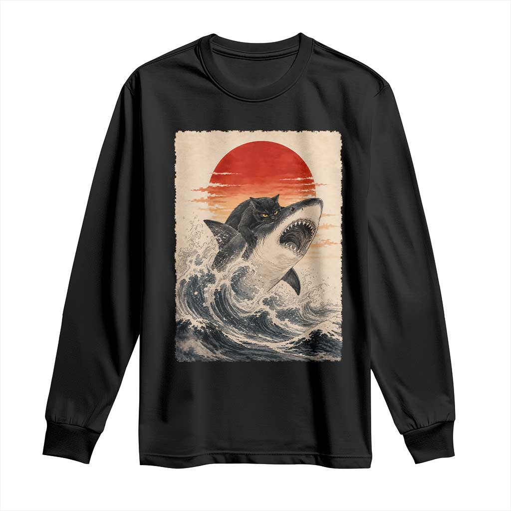 Black Cat Hunting Shark Ukiyo e Ocean Art Long Sleeve Shirt Funny Japanese Style Graphic