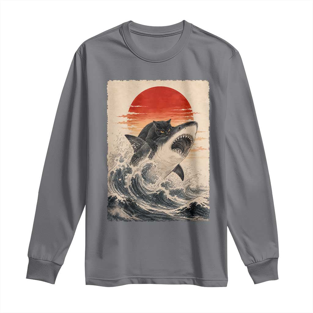 Black Cat Hunting Shark Ukiyo e Ocean Art Long Sleeve Shirt Funny Japanese Style Graphic