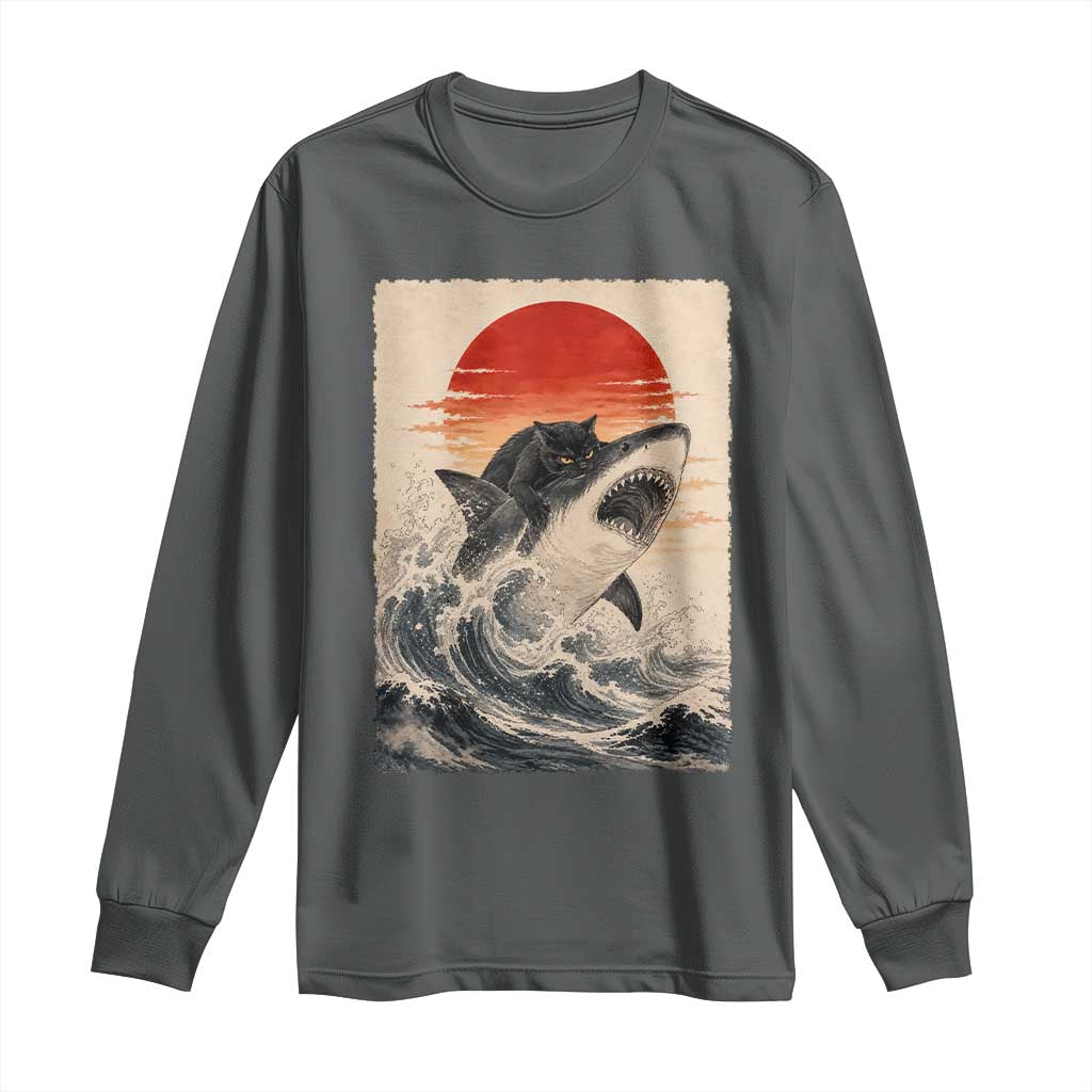 Black Cat Hunting Shark Ukiyo e Ocean Art Long Sleeve Shirt Funny Japanese Style Graphic