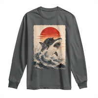 Black Cat Hunting Shark Ukiyo e Ocean Art Long Sleeve Shirt Funny Japanese Style Graphic