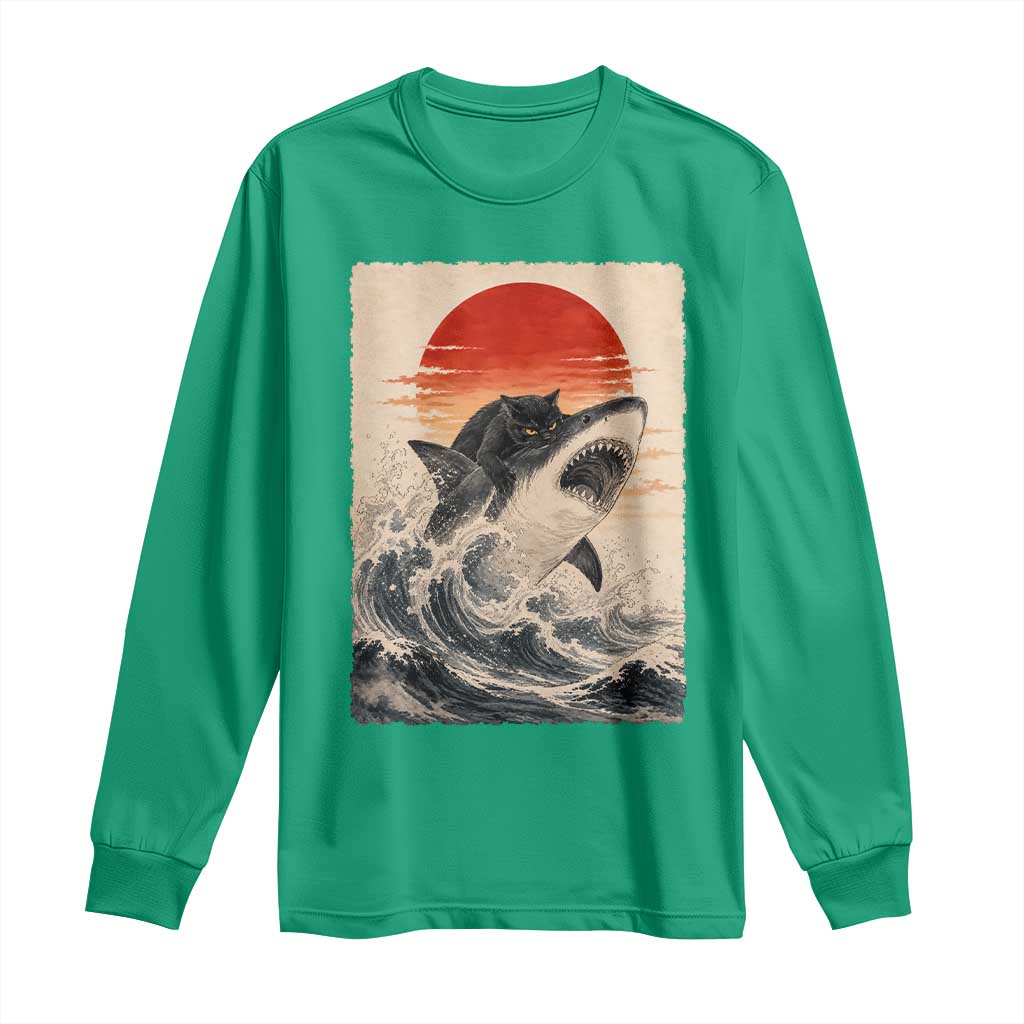 Black Cat Hunting Shark Ukiyo e Ocean Art Long Sleeve Shirt Funny Japanese Style Graphic
