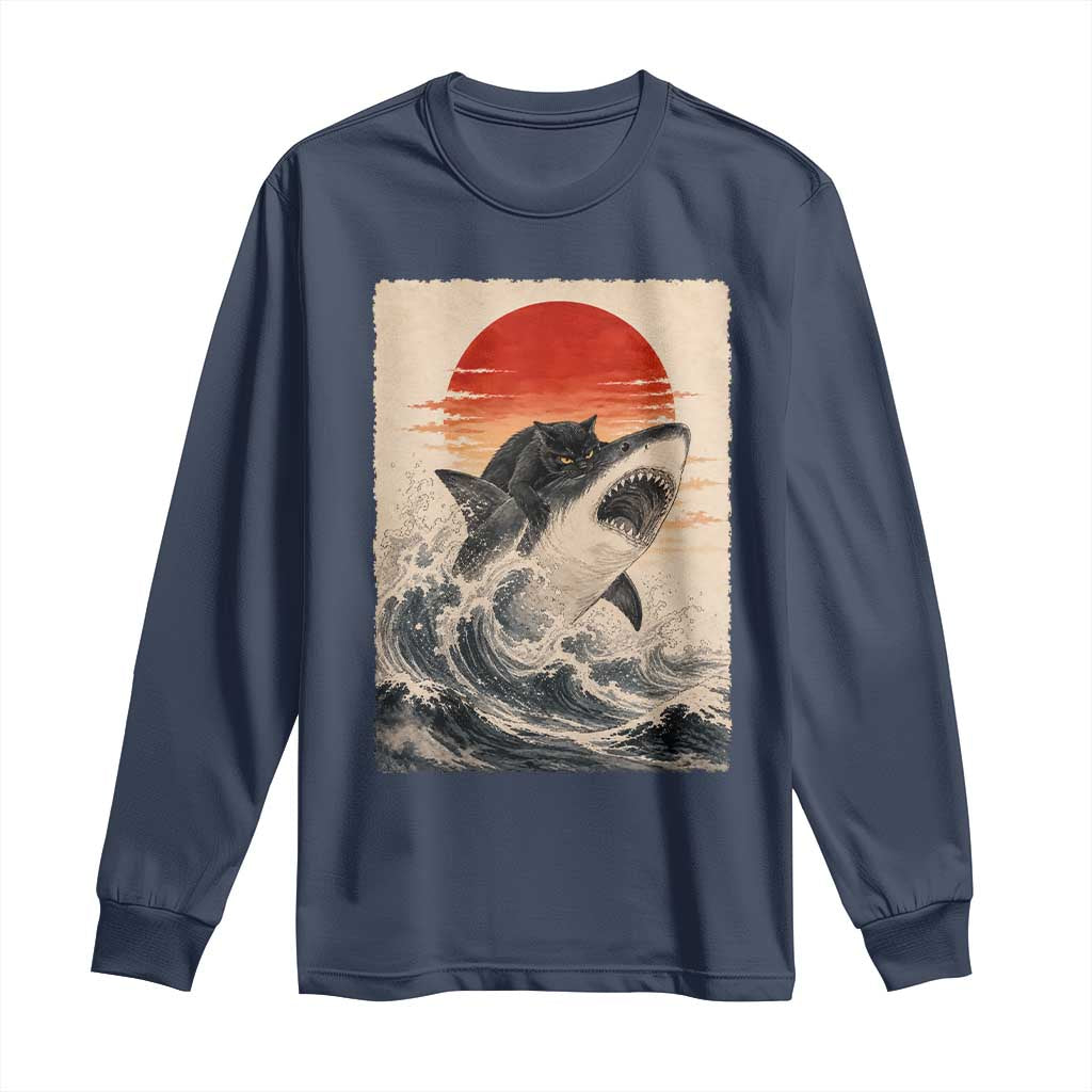 Black Cat Hunting Shark Ukiyo e Ocean Art Long Sleeve Shirt Funny Japanese Style Graphic