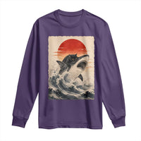 Black Cat Hunting Shark Ukiyo e Ocean Art Long Sleeve Shirt Funny Japanese Style Graphic