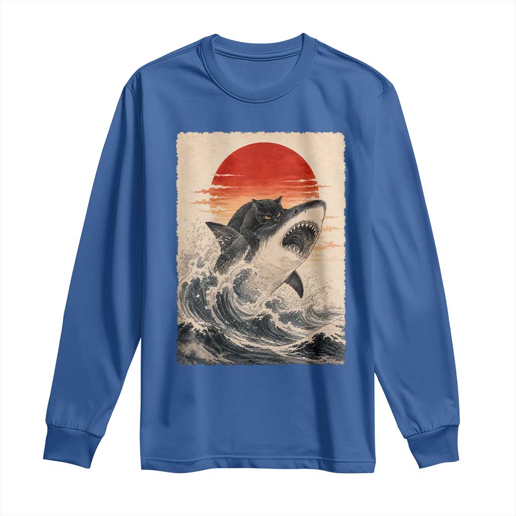 Black Cat Hunting Shark Ukiyo e Ocean Art Long Sleeve Shirt Funny Japanese Style Graphic