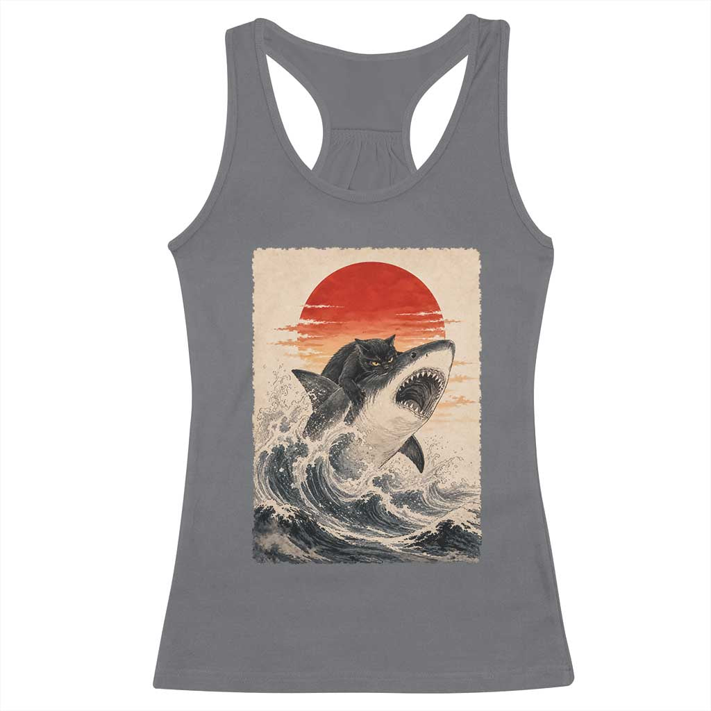 Black Cat Hunting Shark Ukiyo e Ocean Art Racerback Tank Top Funny Japanese Style Graphic