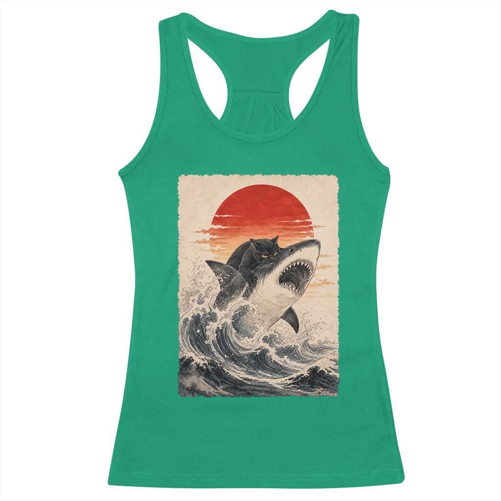 Black Cat Hunting Shark Ukiyo e Ocean Art Racerback Tank Top Funny Japanese Style Graphic
