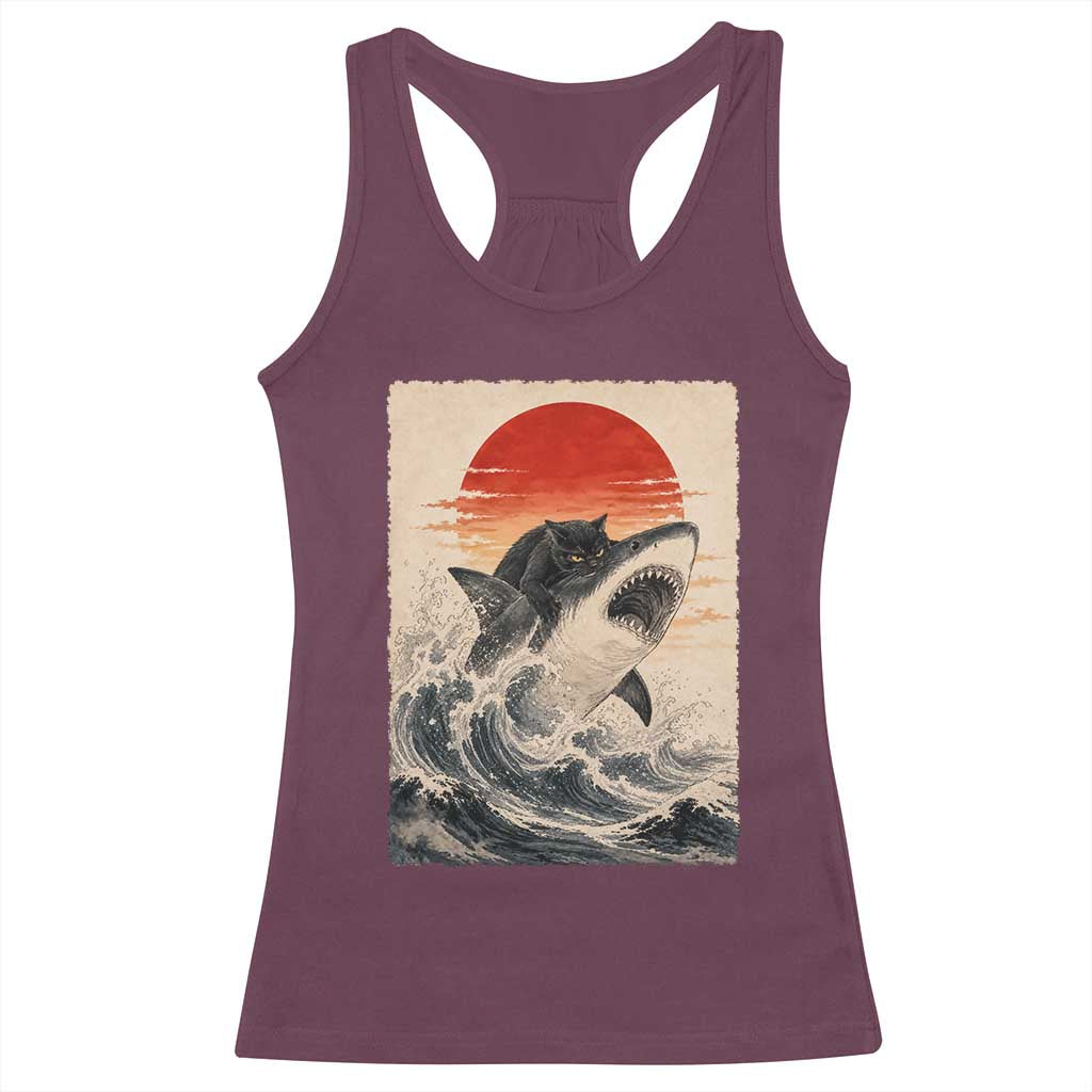 Black Cat Hunting Shark Ukiyo e Ocean Art Racerback Tank Top Funny Japanese Style Graphic