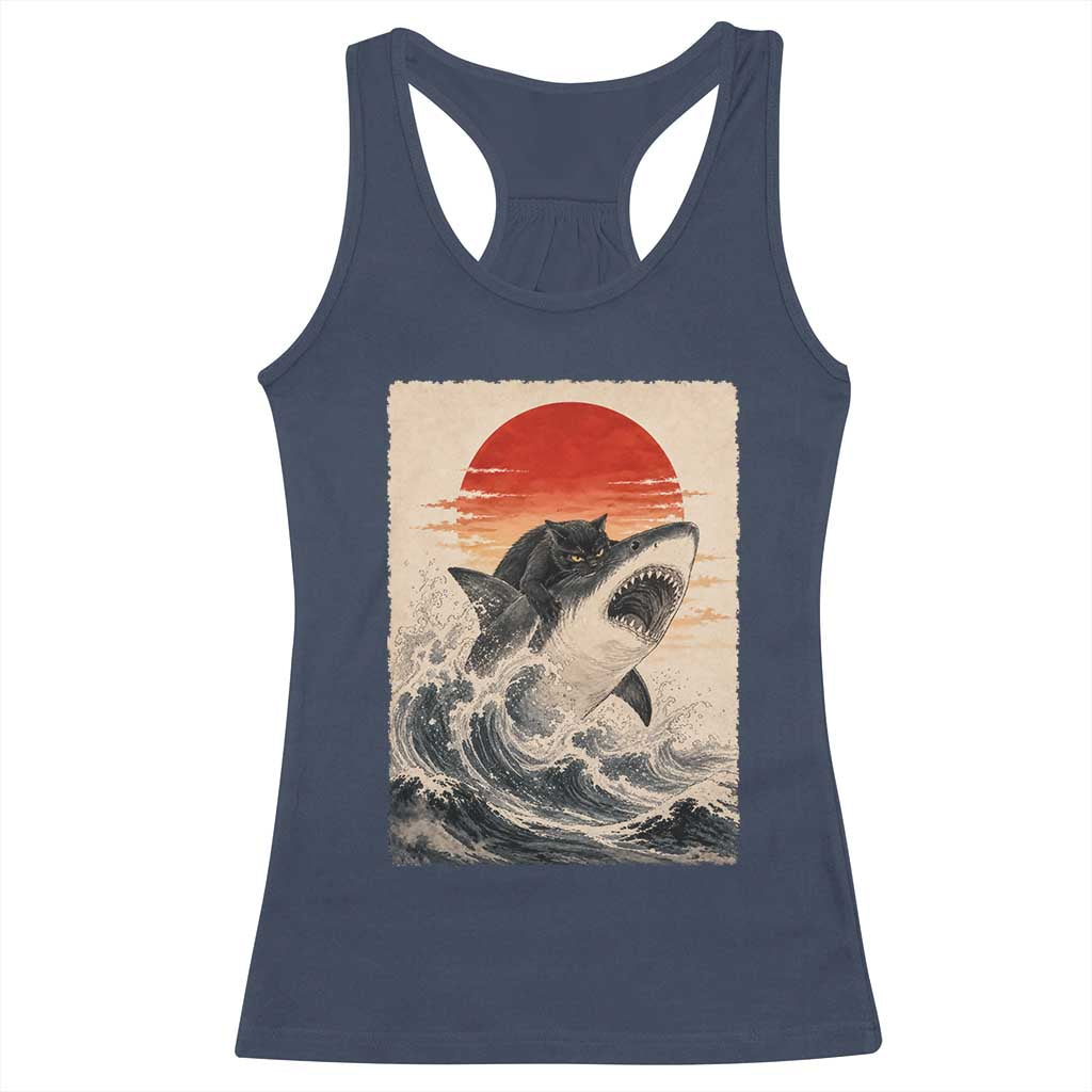 Black Cat Hunting Shark Ukiyo e Ocean Art Racerback Tank Top Funny Japanese Style Graphic