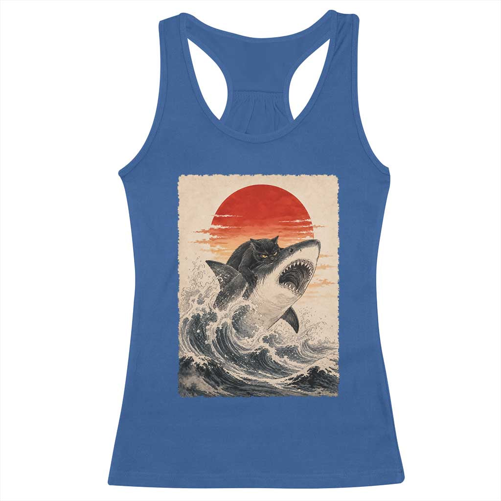 Black Cat Hunting Shark Ukiyo e Ocean Art Racerback Tank Top Funny Japanese Style Graphic