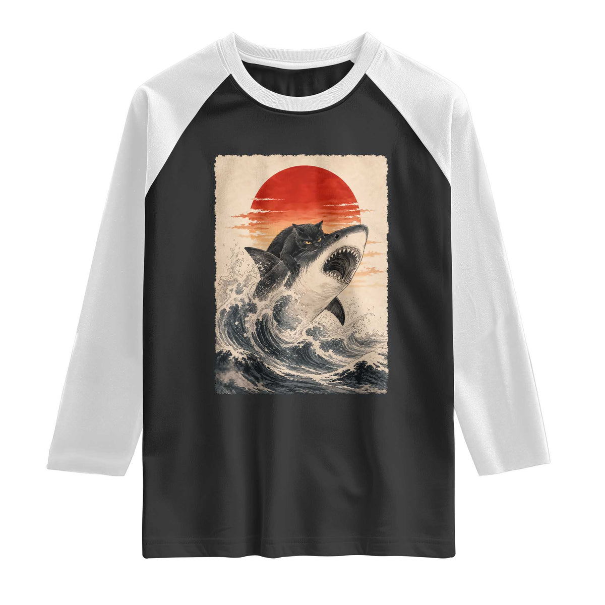 Black Cat Hunting Shark Ukiyo e Ocean Art Raglan Shirt Funny Japanese Style Graphic