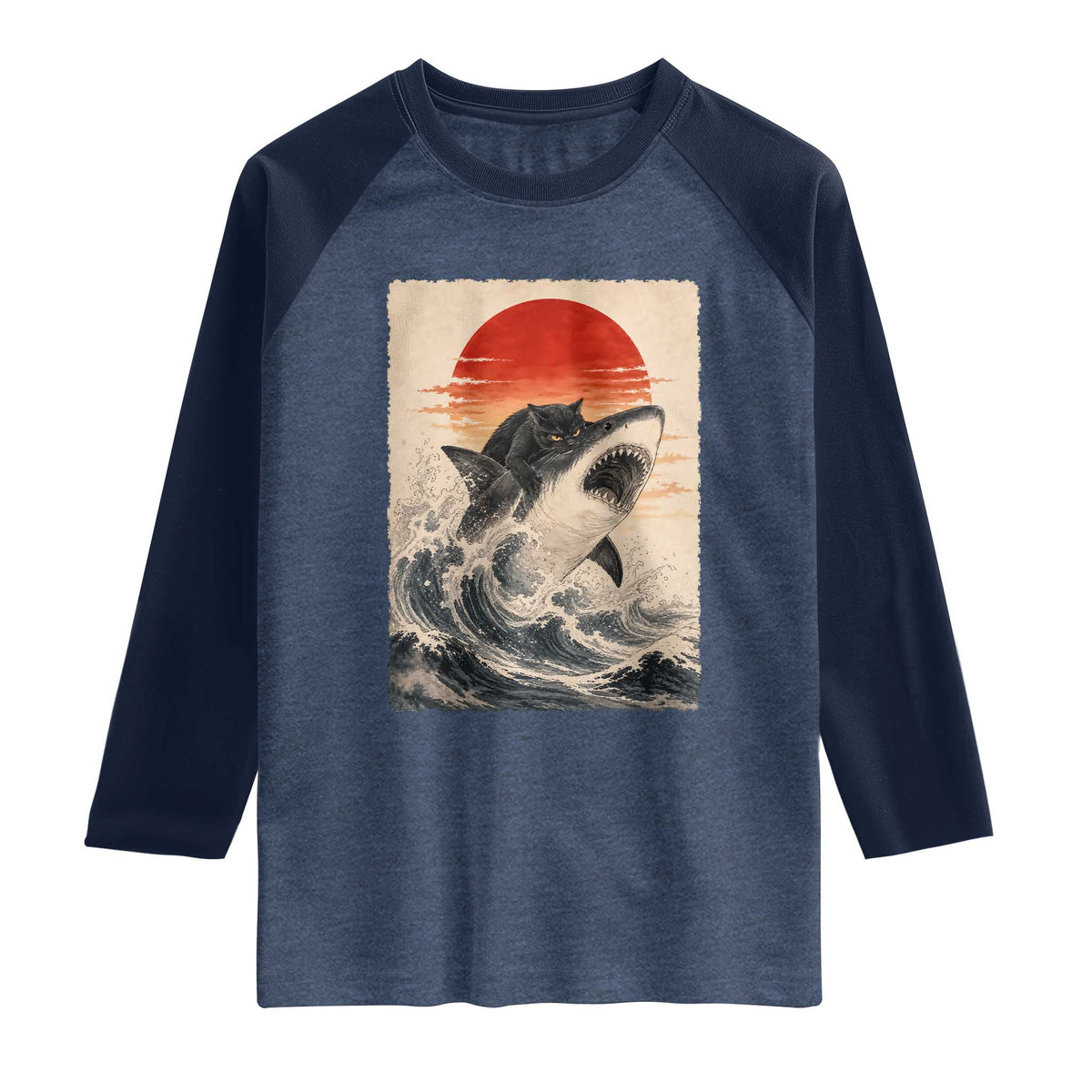 Black Cat Hunting Shark Ukiyo e Ocean Art Raglan Shirt Funny Japanese Style Graphic