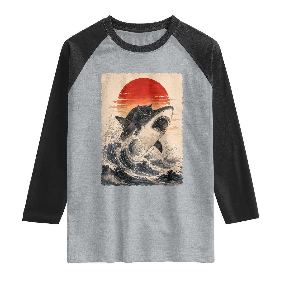 Black Cat Hunting Shark Ukiyo e Ocean Art Raglan Shirt Funny Japanese Style Graphic