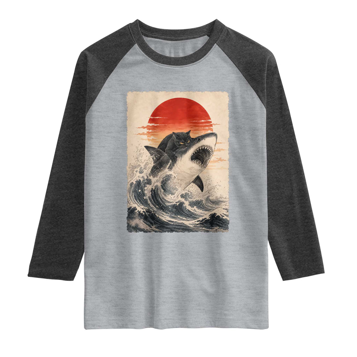 Black Cat Hunting Shark Ukiyo e Ocean Art Raglan Shirt Funny Japanese Style Graphic