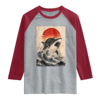 Black Cat Hunting Shark Ukiyo e Ocean Art Raglan Shirt Funny Japanese Style Graphic
