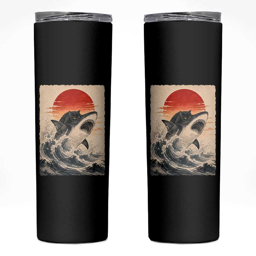 Black Cat Hunting Shark Ukiyo e Ocean Art Skinny Tumbler Funny Japanese Style Graphic