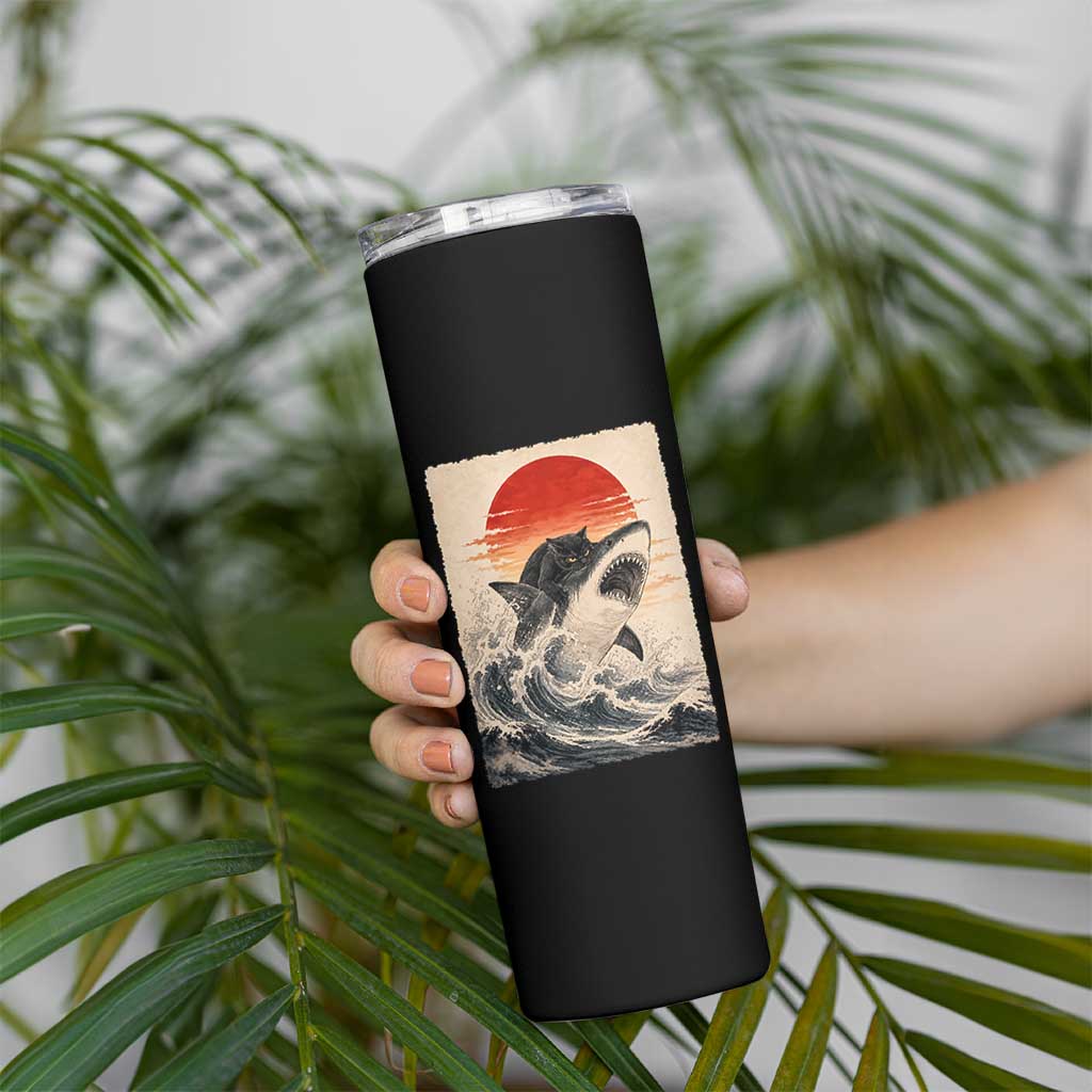 Black Cat Hunting Shark Ukiyo e Ocean Art Skinny Tumbler Funny Japanese Style Graphic
