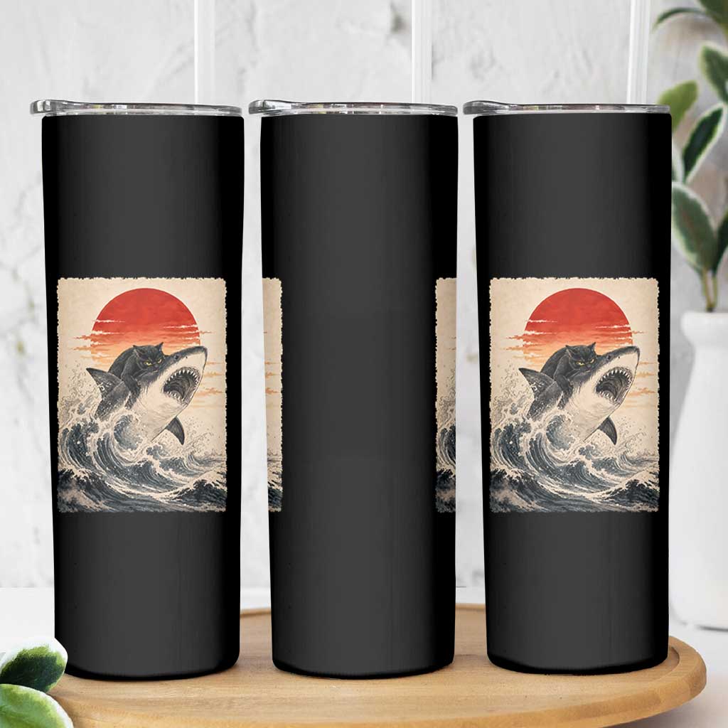 Black Cat Hunting Shark Ukiyo e Ocean Art Skinny Tumbler Funny Japanese Style Graphic