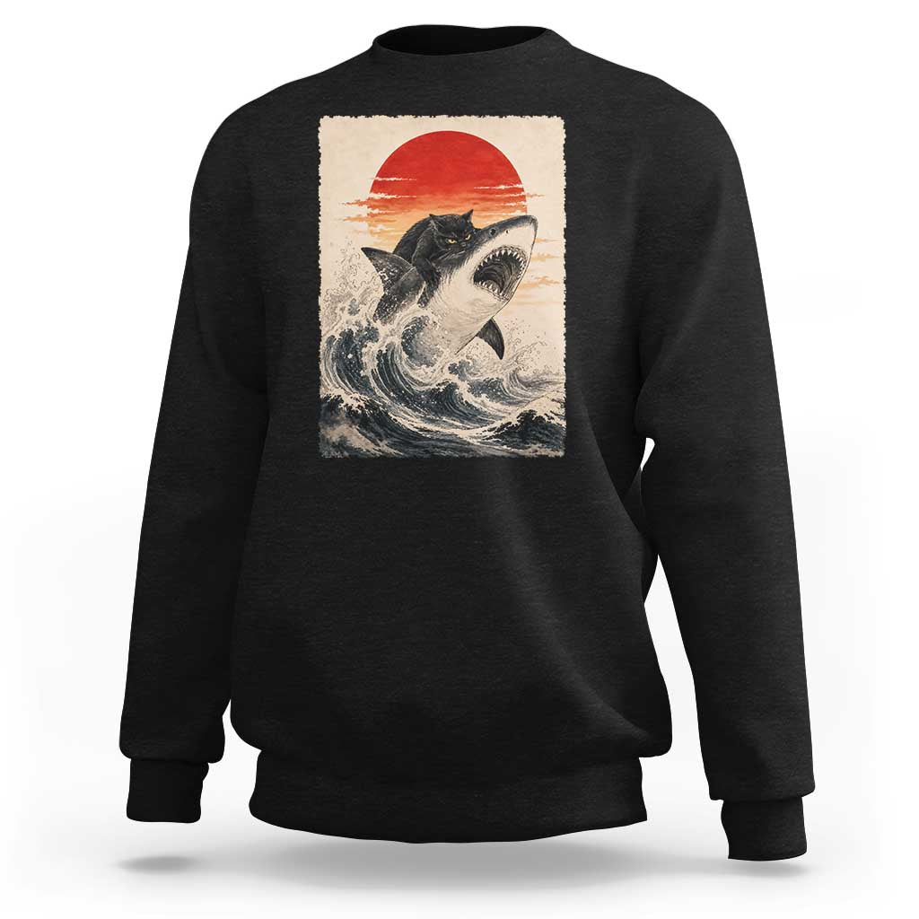Black Cat Hunting Shark Ukiyo e Ocean Art Sweatshirt Funny Japanese Style Graphic