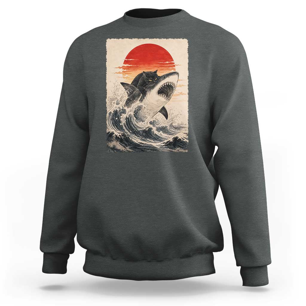 Black Cat Hunting Shark Ukiyo e Ocean Art Sweatshirt Funny Japanese Style Graphic
