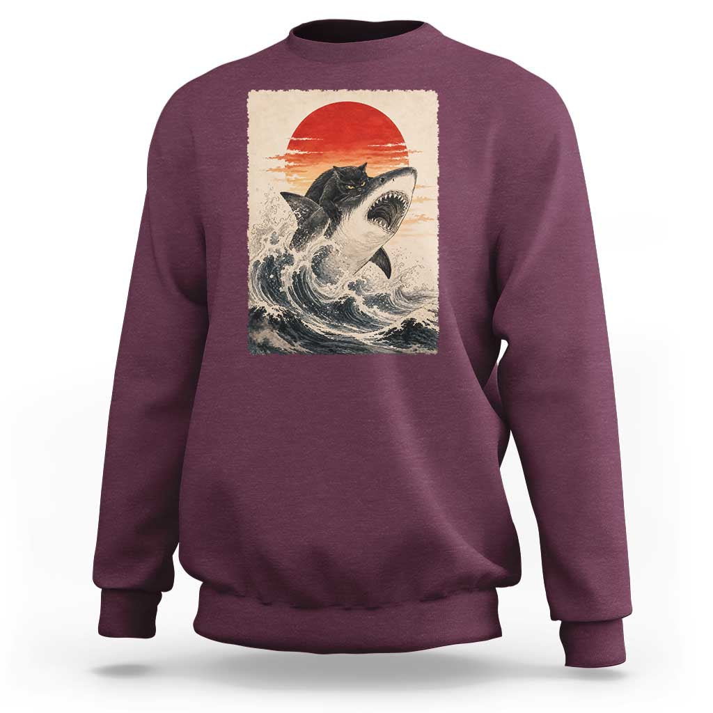 Black Cat Hunting Shark Ukiyo e Ocean Art Sweatshirt Funny Japanese Style Graphic