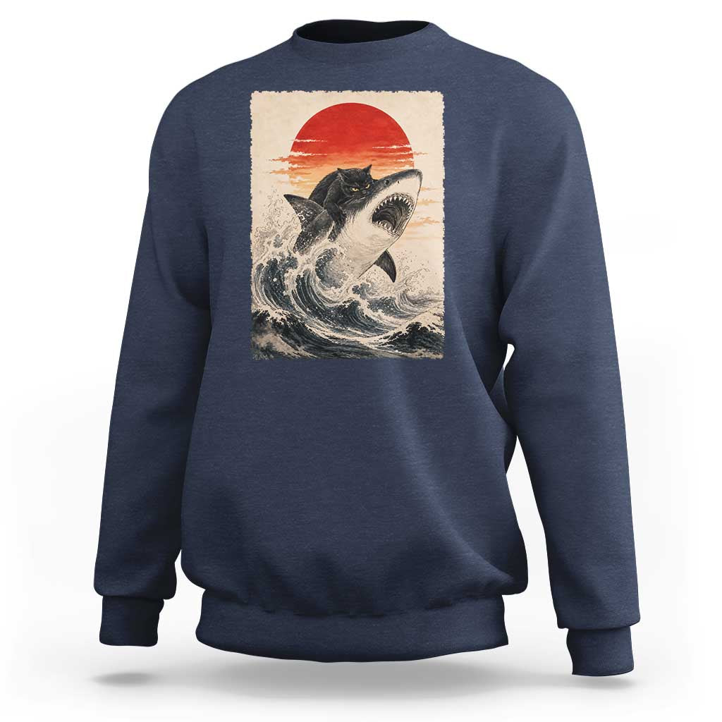 Black Cat Hunting Shark Ukiyo e Ocean Art Sweatshirt Funny Japanese Style Graphic