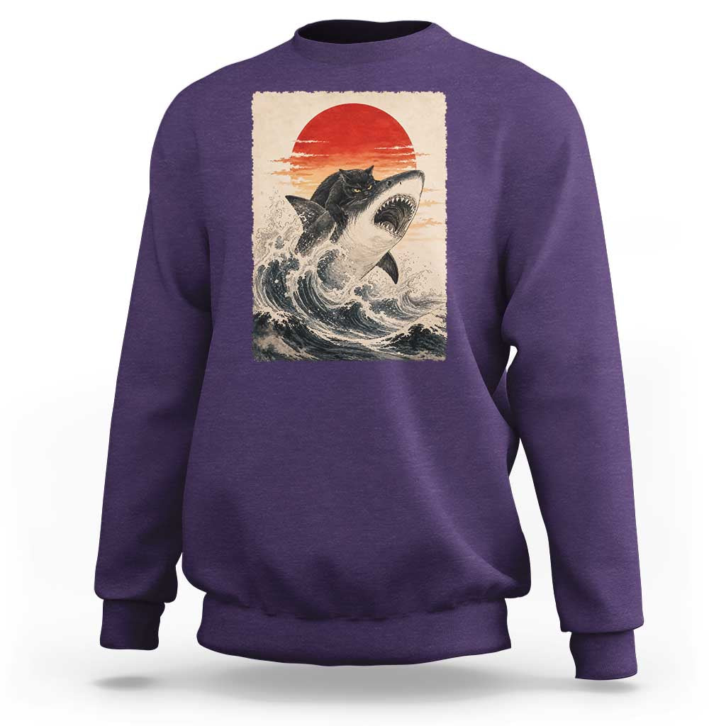 Black Cat Hunting Shark Ukiyo e Ocean Art Sweatshirt Funny Japanese Style Graphic
