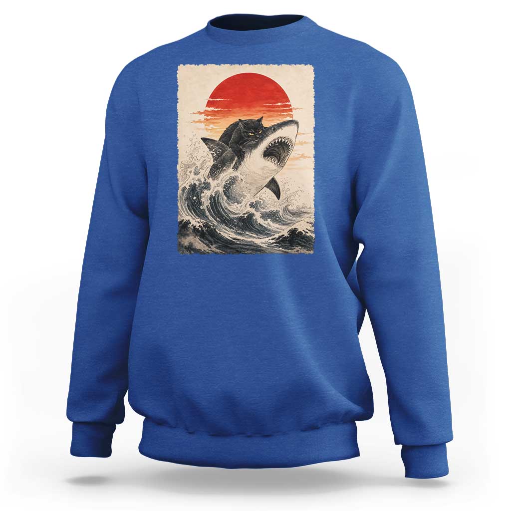Black Cat Hunting Shark Ukiyo e Ocean Art Sweatshirt Funny Japanese Style Graphic