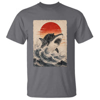 Black Cat Hunting Shark Ukiyo e Ocean Art T Shirt Funny Japanese Style Graphic