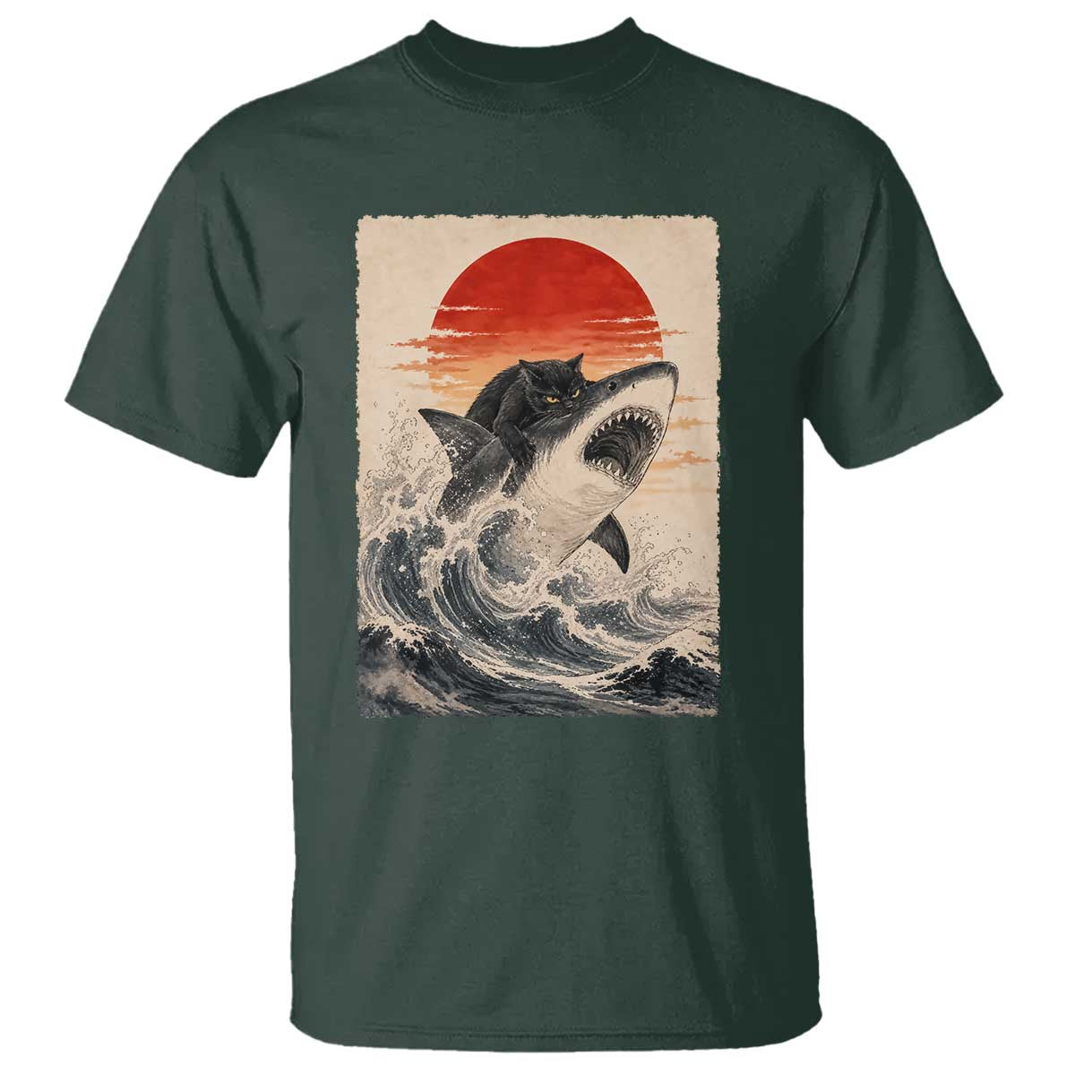 Black Cat Hunting Shark Ukiyo e Ocean Art T Shirt Funny Japanese Style Graphic