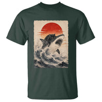 Black Cat Hunting Shark Ukiyo e Ocean Art T Shirt Funny Japanese Style Graphic
