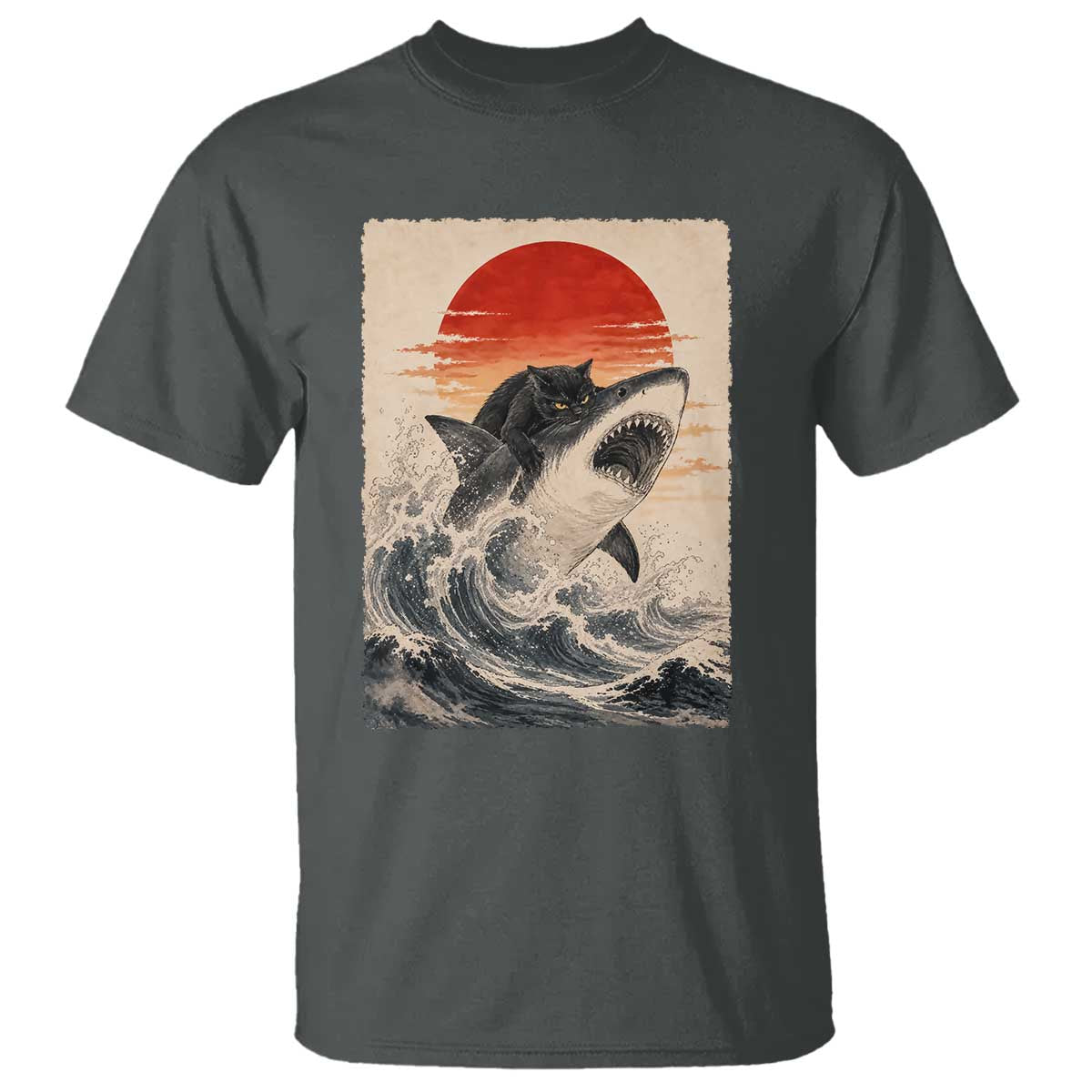 Black Cat Hunting Shark Ukiyo e Ocean Art T Shirt Funny Japanese Style Graphic