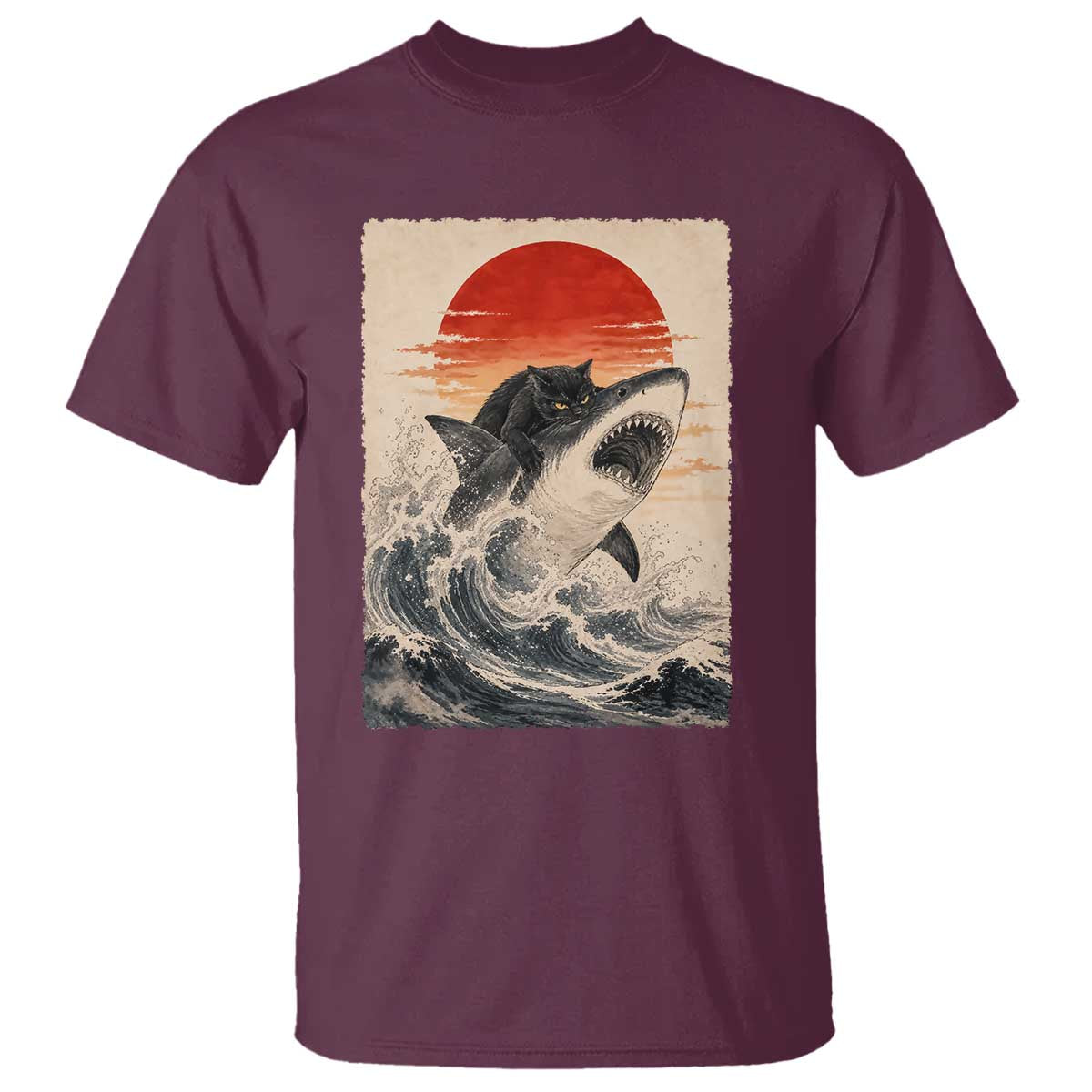 Black Cat Hunting Shark Ukiyo e Ocean Art T Shirt Funny Japanese Style Graphic