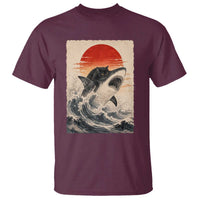 Black Cat Hunting Shark Ukiyo e Ocean Art T Shirt Funny Japanese Style Graphic
