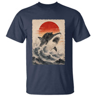 Black Cat Hunting Shark Ukiyo e Ocean Art T Shirt Funny Japanese Style Graphic
