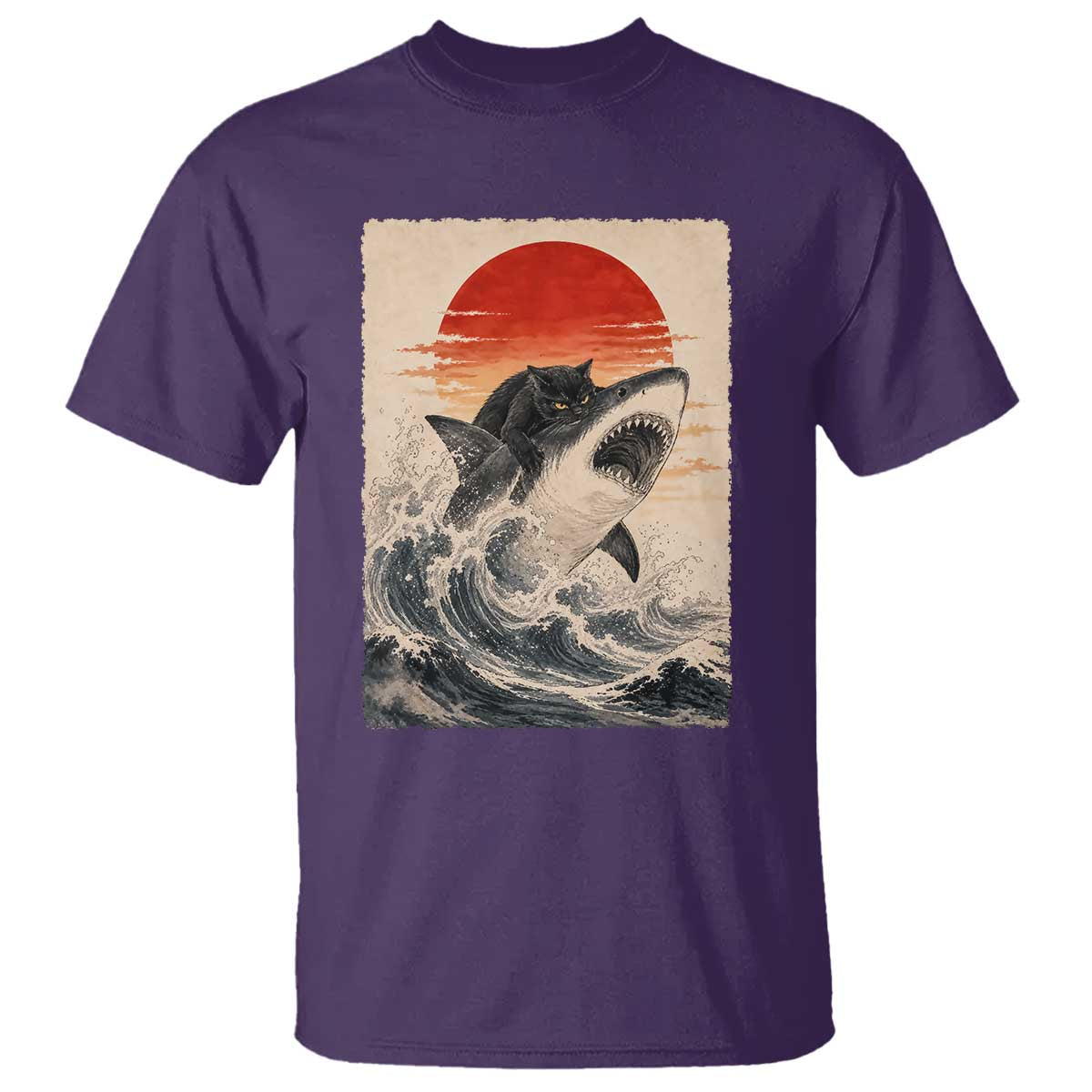 Black Cat Hunting Shark Ukiyo e Ocean Art T Shirt Funny Japanese Style Graphic