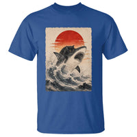 Black Cat Hunting Shark Ukiyo e Ocean Art T Shirt Funny Japanese Style Graphic