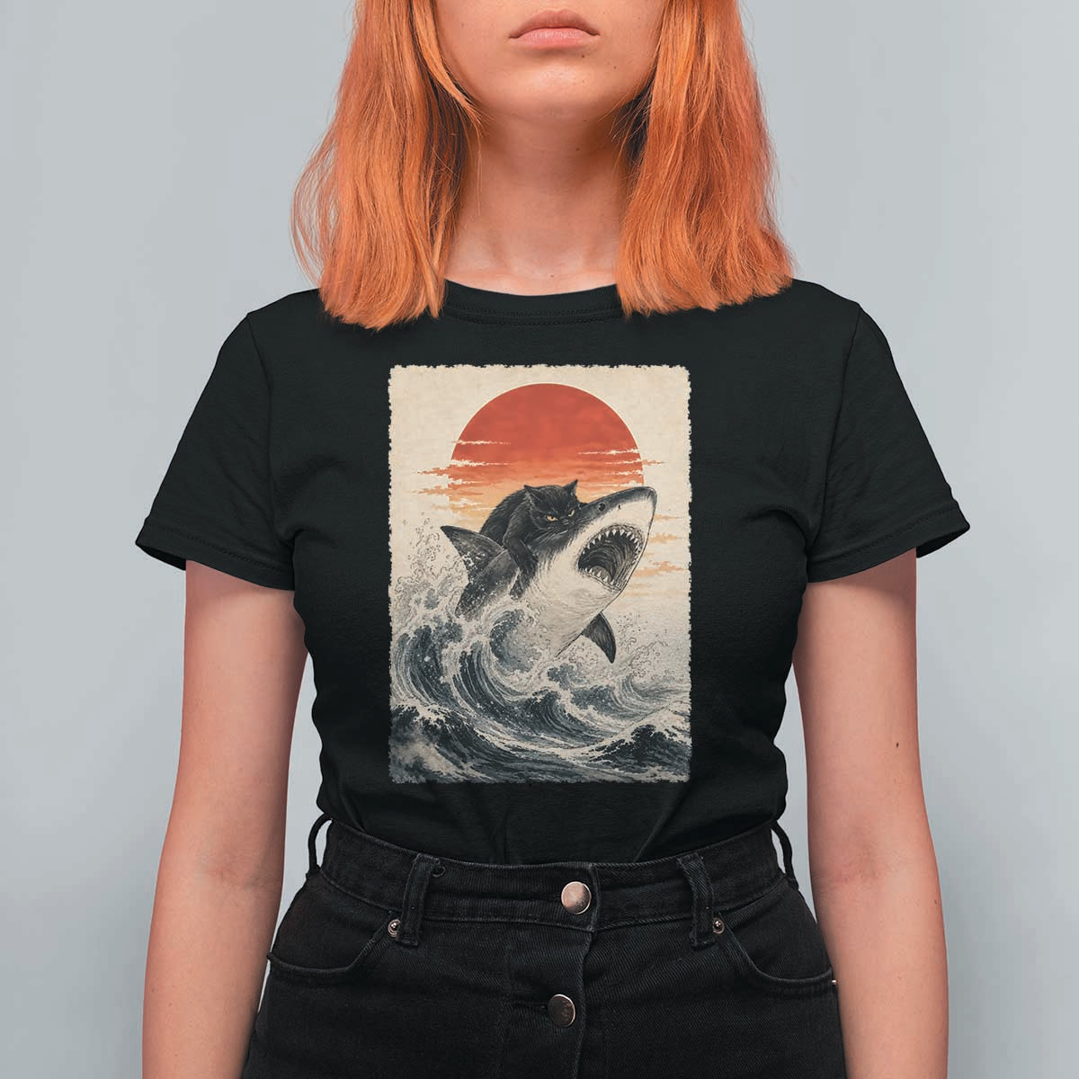 Black Cat Hunting Shark Ukiyo e Ocean Art T Shirt For Women Funny Japanese Style Graphic