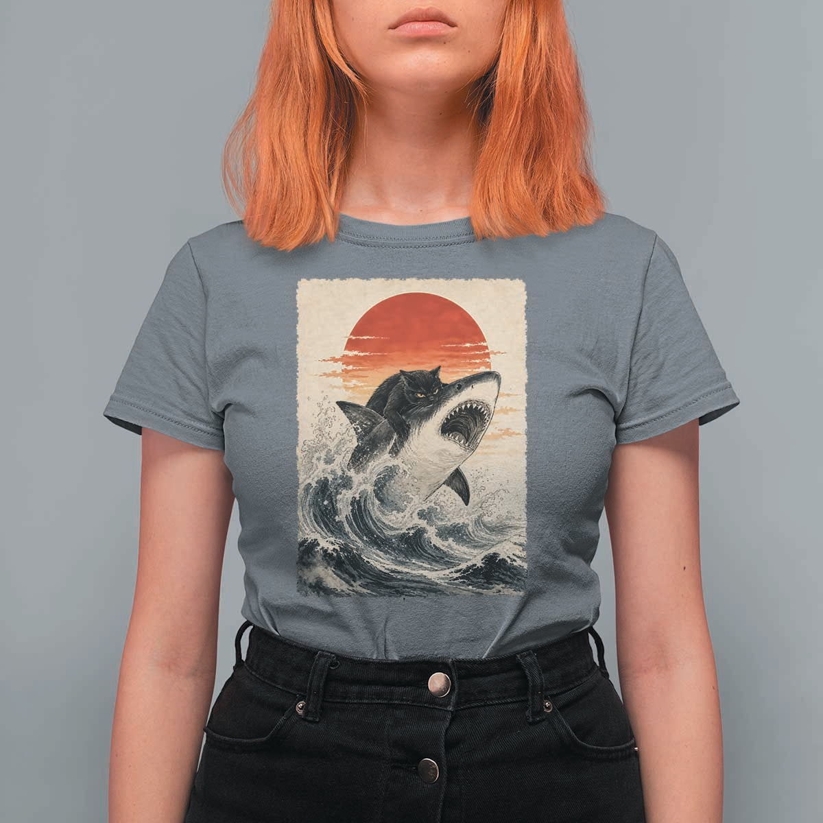 Black Cat Hunting Shark Ukiyo e Ocean Art T Shirt For Women Funny Japanese Style Graphic