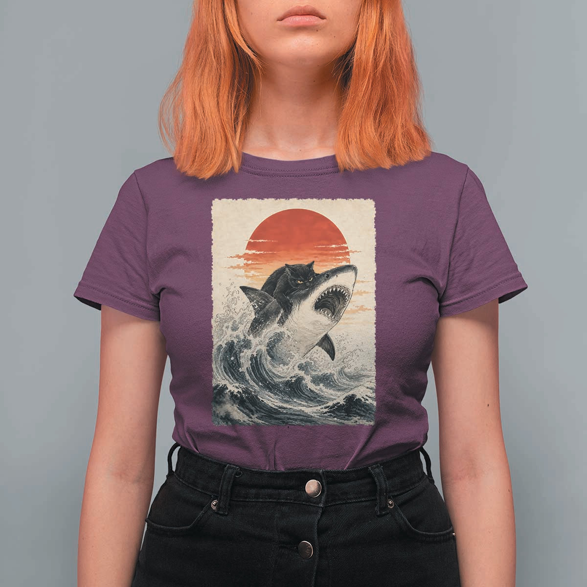 Black Cat Hunting Shark Ukiyo e Ocean Art T Shirt For Women Funny Japanese Style Graphic
