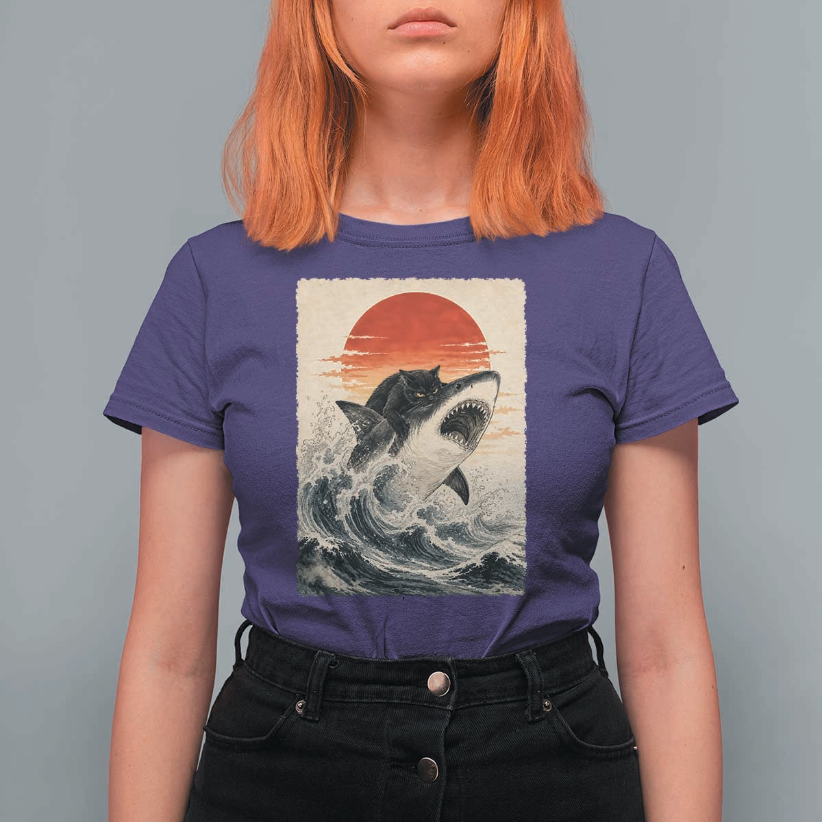 Black Cat Hunting Shark Ukiyo e Ocean Art T Shirt For Women Funny Japanese Style Graphic